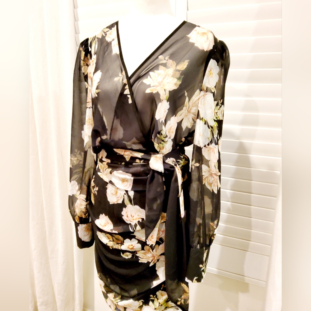Sheike Floral Sheer Long Sleeve Wrap Style Dress - Picture 3 of 5